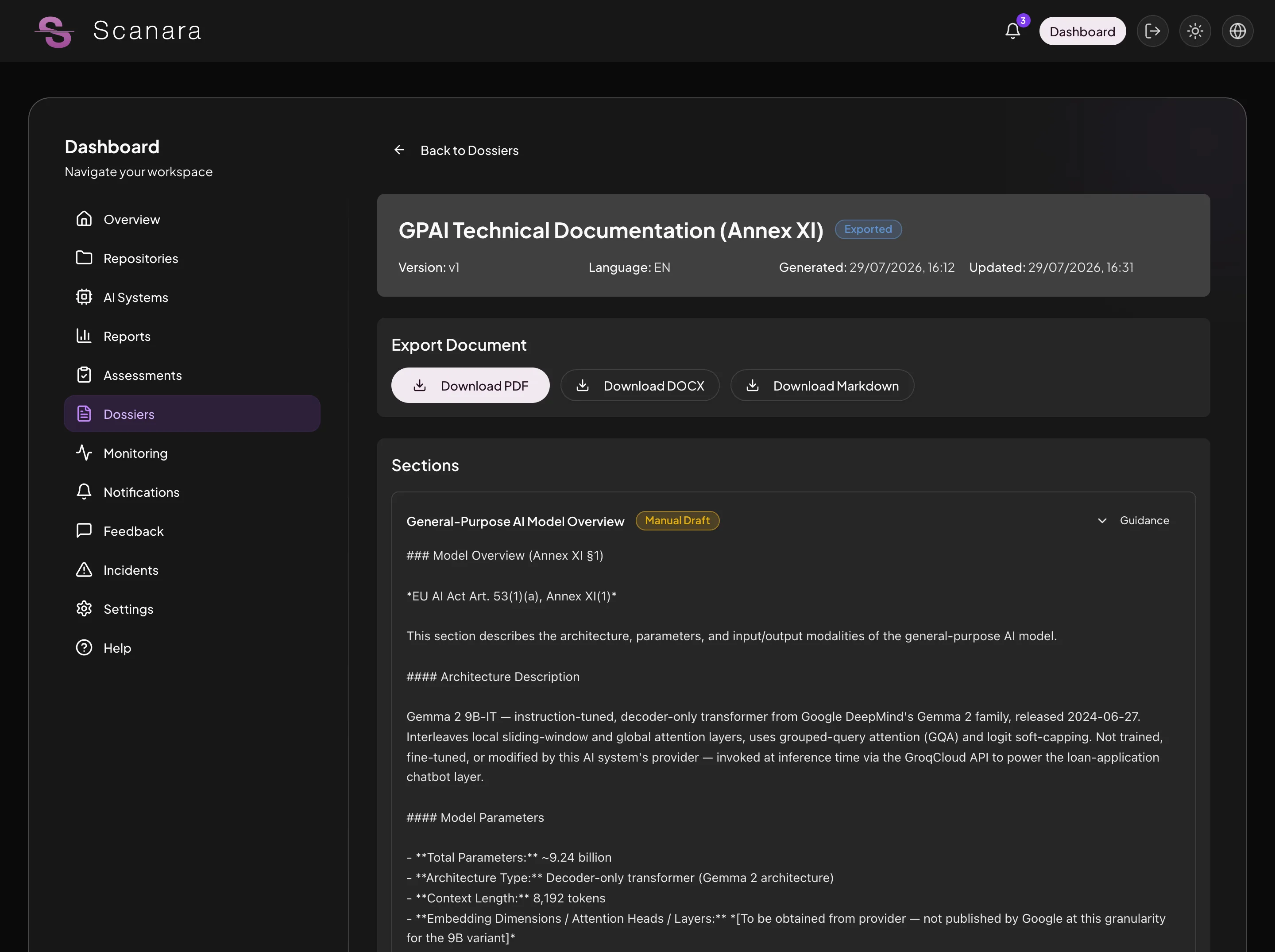 Generiertes technisches GPAI-Dokumentationsdossier (Anhang XI) mit PDF-, DOCX- und Markdown-Export