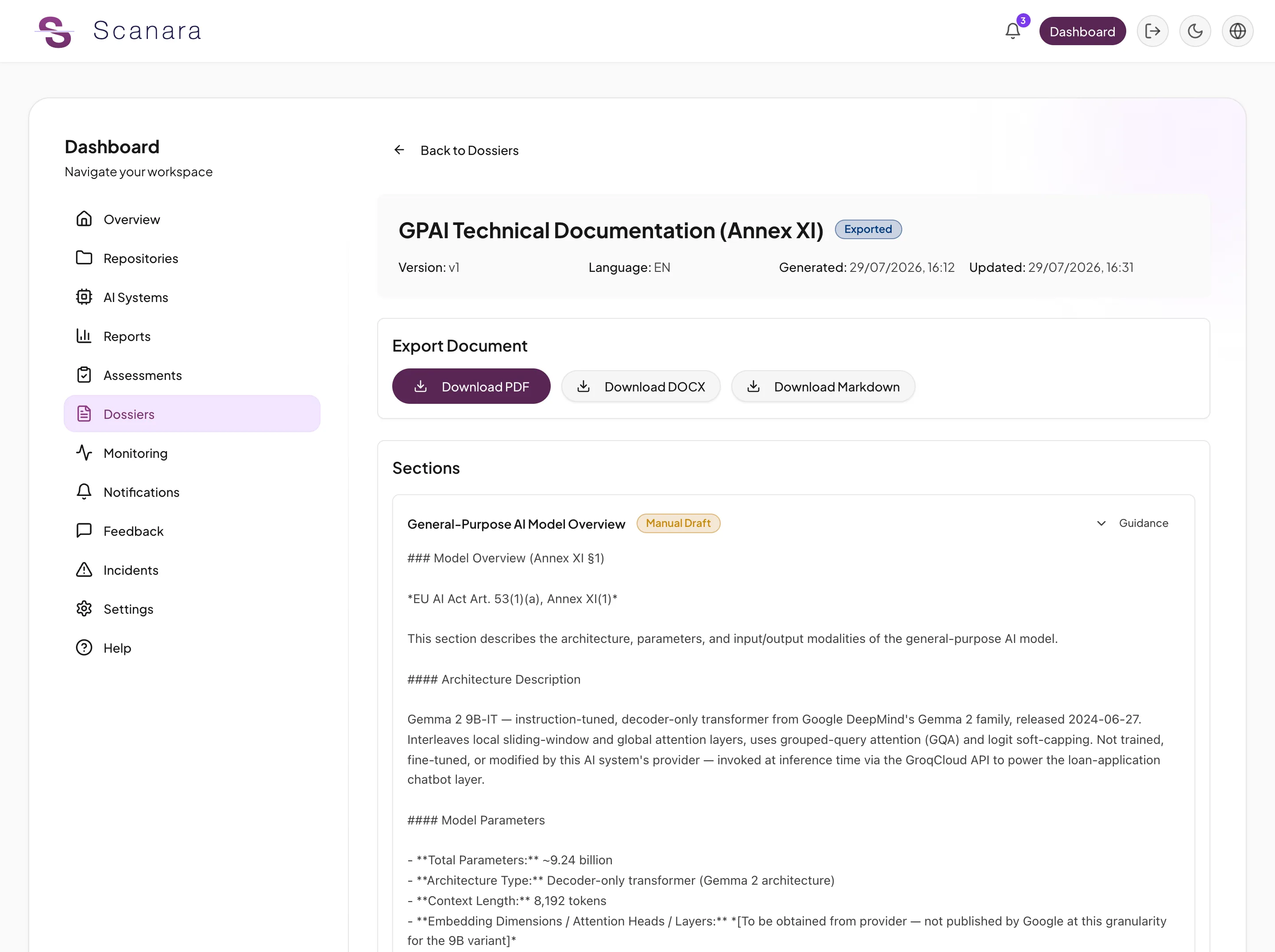 Generiertes technisches GPAI-Dokumentationsdossier (Anhang XI) mit PDF-, DOCX- und Markdown-Export