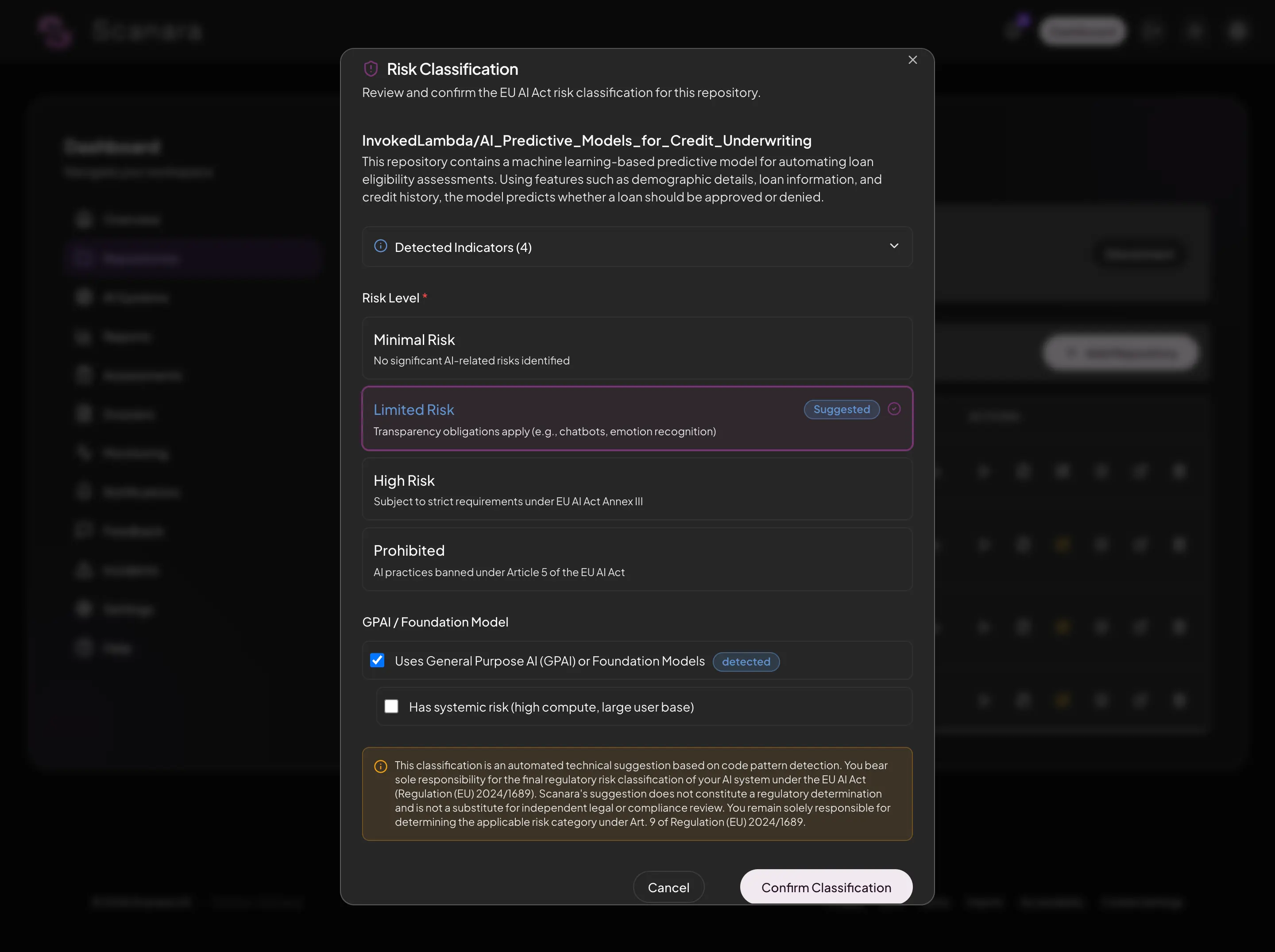 Risikoklassifizierungs-Dialog für ein GitHub-Repository mit vorgeschlagener Risikostufe und GPAI-Erkennung