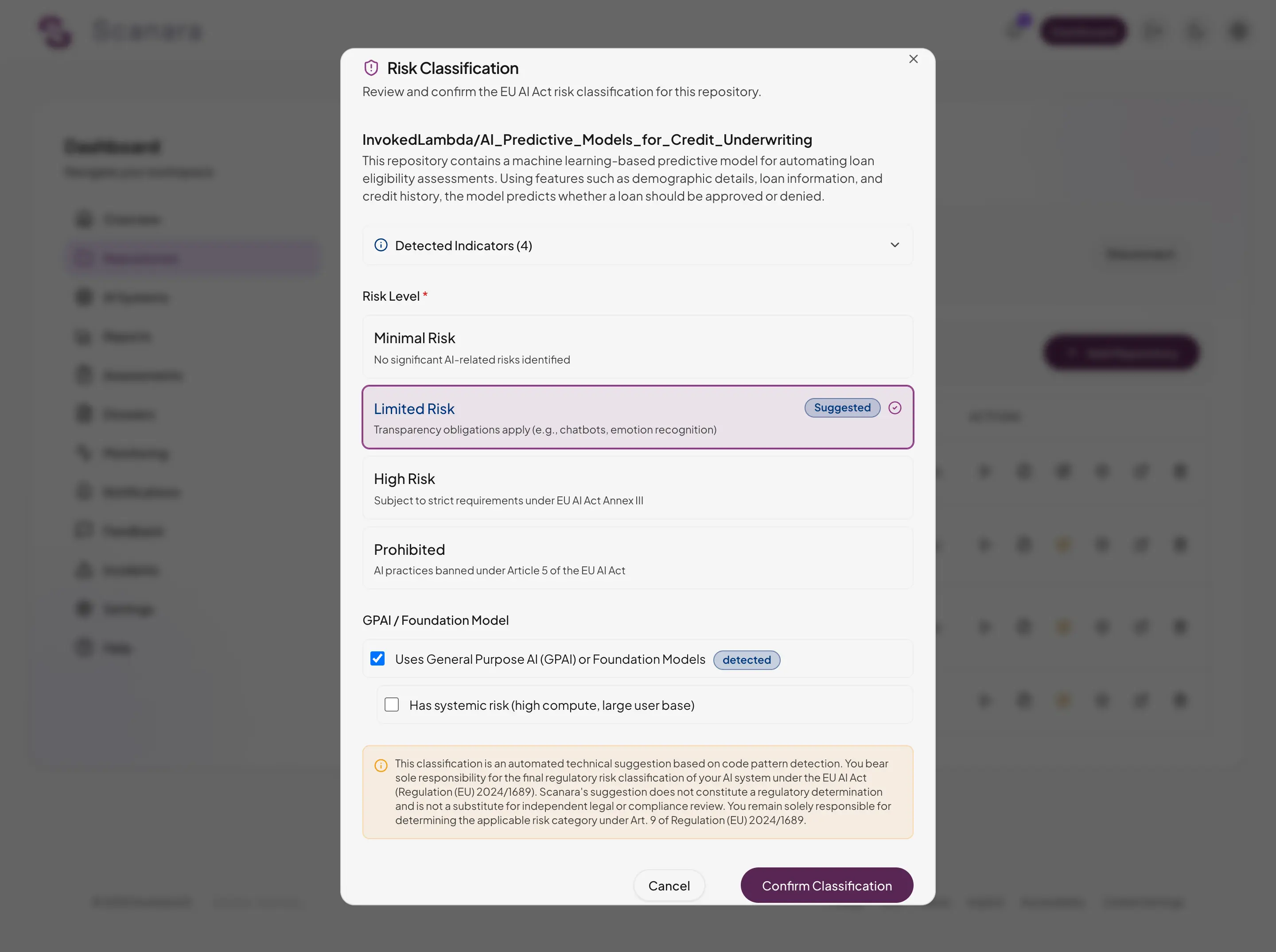 Risikoklassifizierungs-Dialog für ein GitHub-Repository mit vorgeschlagener Risikostufe und GPAI-Erkennung
