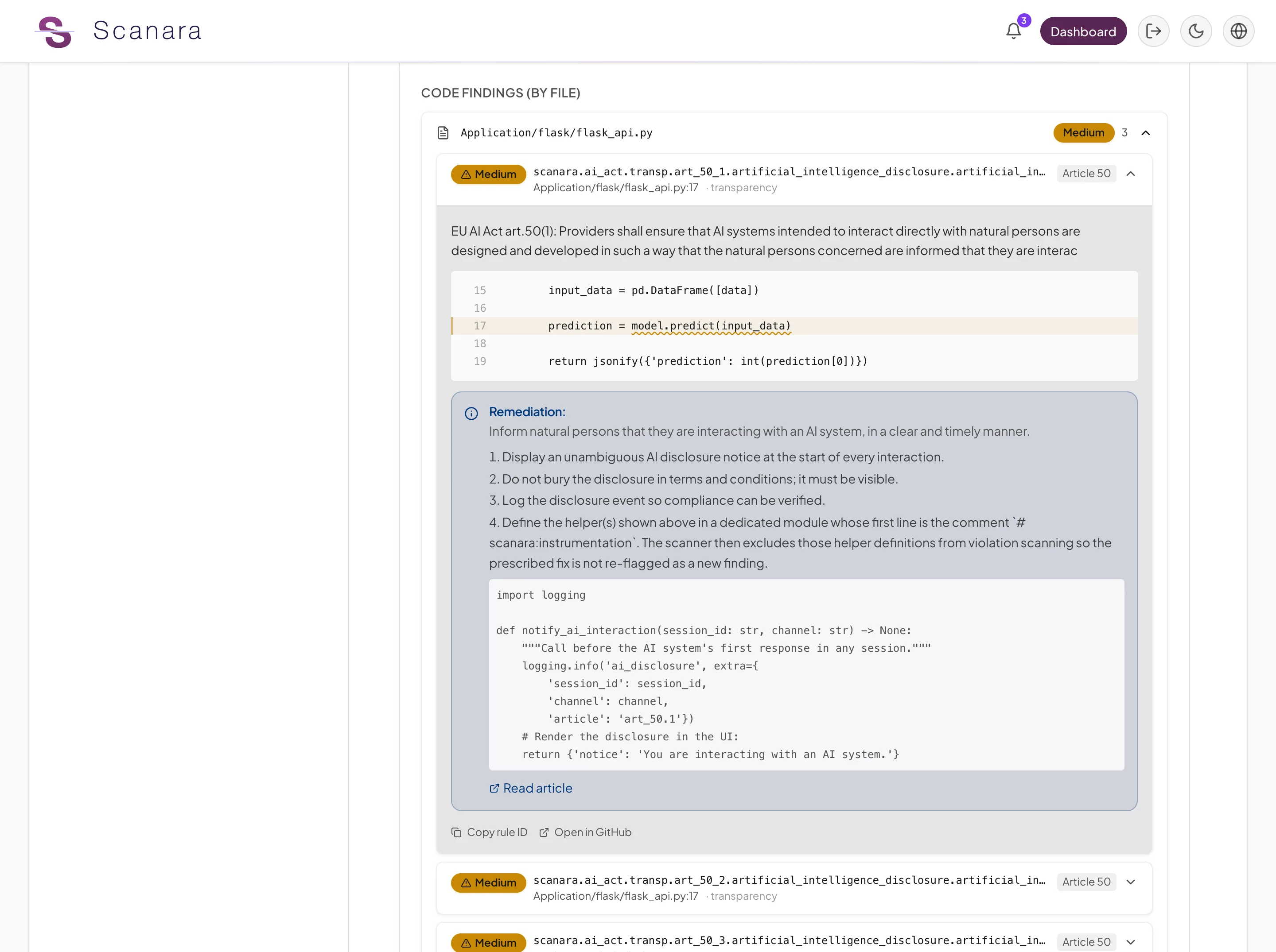 Code-Finding in der Entwickleransicht: markierte Quellcodezeile mit Zuordnung zu Artikel 50 der KI-Verordnung und Behebungshinweisen